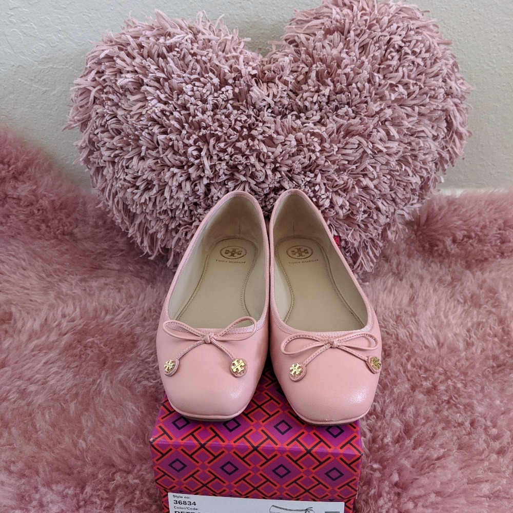 Tory Burch Pink Ballet Flats with Bow and Logo Charm